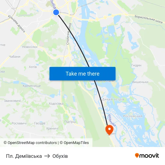 Пл. Деміївська to Обухів map