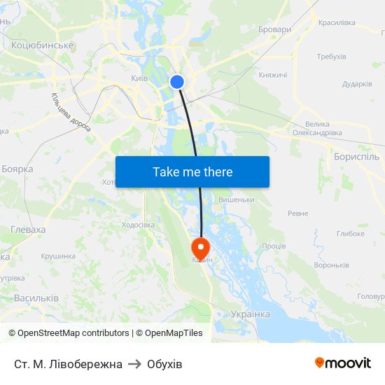 Ст. М. Лівобережна to Обухів map