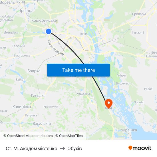 Ст. М. Академмістечко to Обухів map