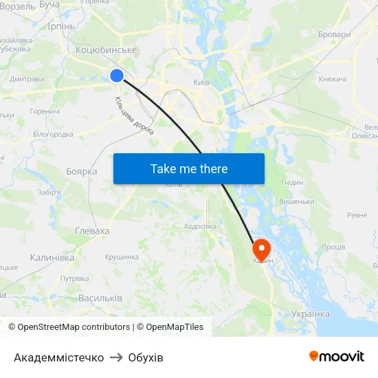Академмістечко to Обухів map