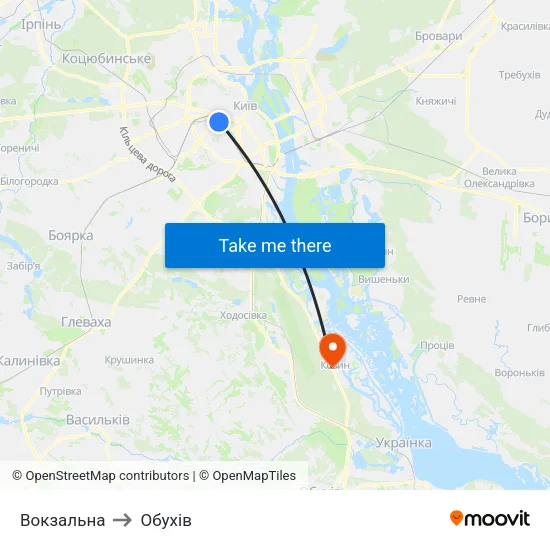 Вокзальна to Обухів map