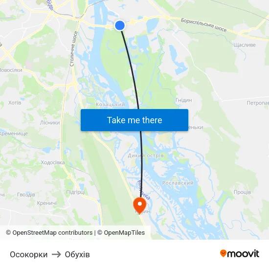 Осокорки to Обухів map