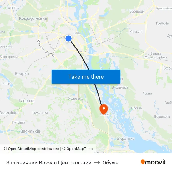 Залізничний Вокзал Центральний to Обухів map
