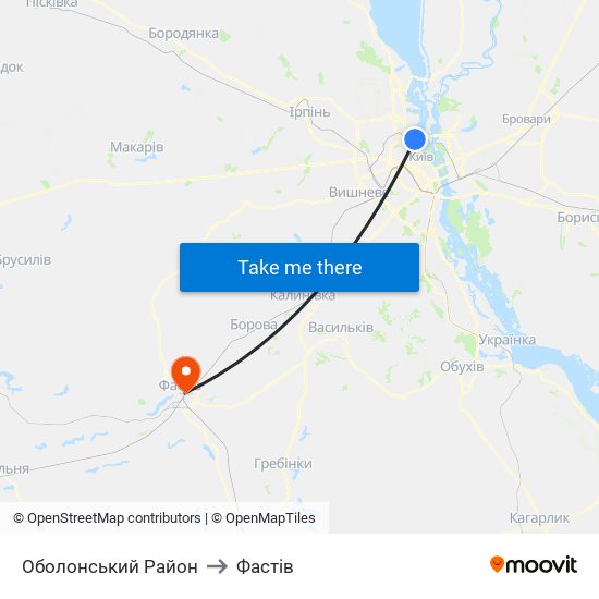 Оболонський Район to Фастів map