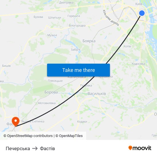 Печерська to Фастів map