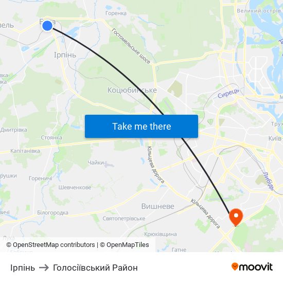 Ірпінь to Голосіївський Район map