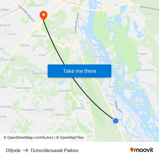 Обухів to Голосіївський Район map