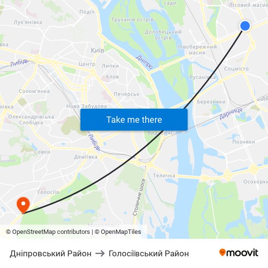 Дніпровський Район to Голосіївський Район map