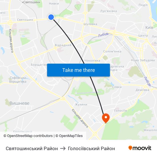 Святошинський Район to Голосіївський Район map