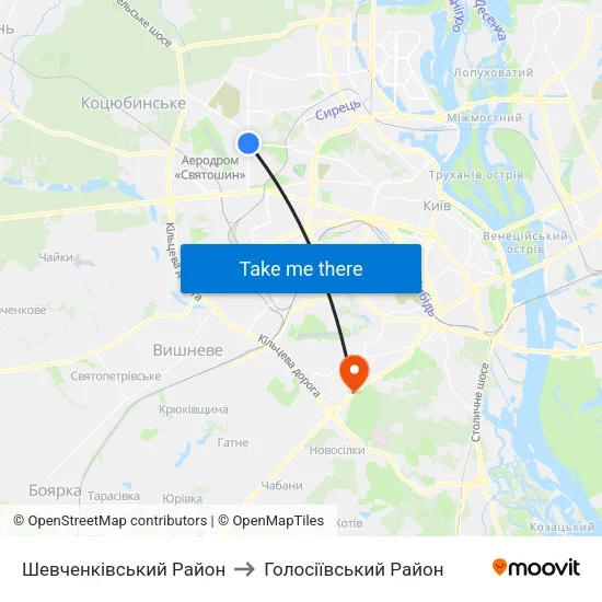 Шевченківський Район to Голосіївський Район map