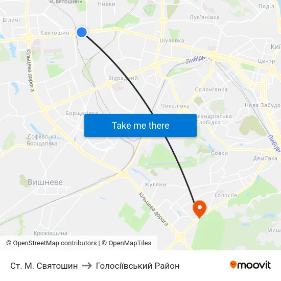 Ст. М. Святошин to Голосіївський Район map