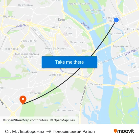 Ст. М. Лівобережна to Голосіївський Район map