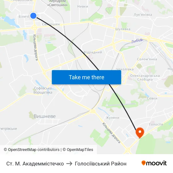 Ст. М. Академмістечко to Голосіївський Район map