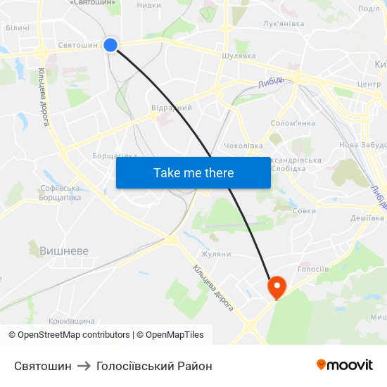 Святошин to Голосіївський Район map