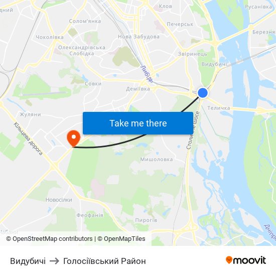 Видубичі to Голосіївський Район map