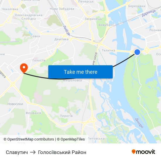 Славутич to Голосіївський Район map
