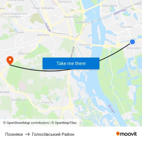 Позняки to Голосіївський Район map