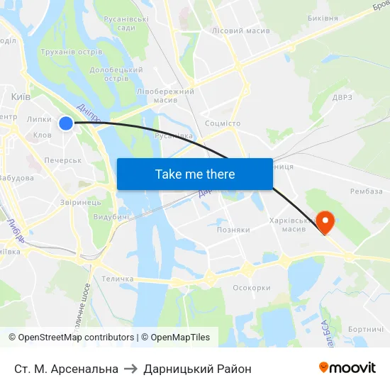 Ст. М. Арсенальна to Дарницький Район map