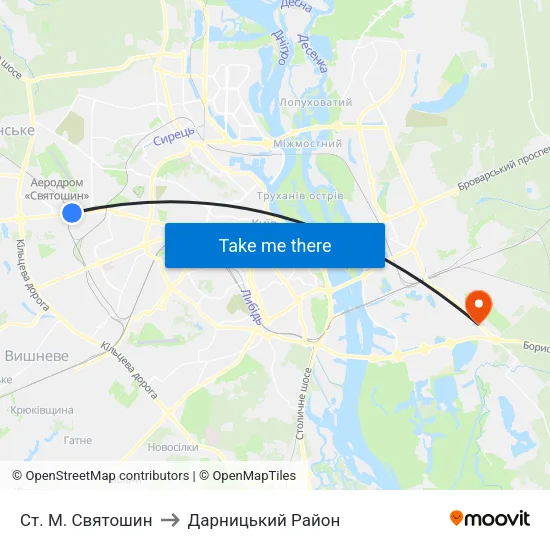 Ст. М. Святошин to Дарницький Район map