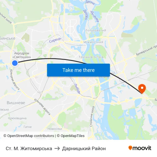 Ст. М. Житомирська to Дарницький Район map