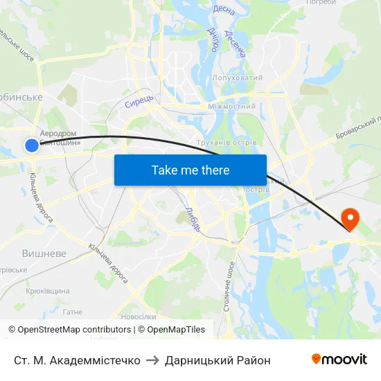 Ст. М. Академмістечко to Дарницький Район map