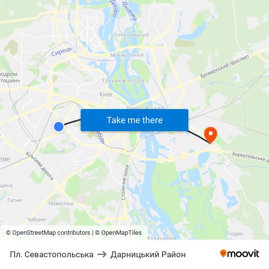 Пл. Севастопольська to Дарницький Район map