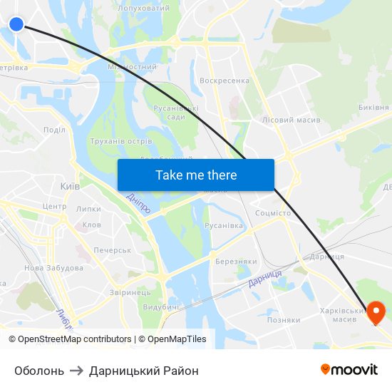 Оболонь to Дарницький Район map