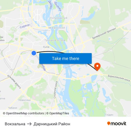 Вокзальна to Дарницький Район map