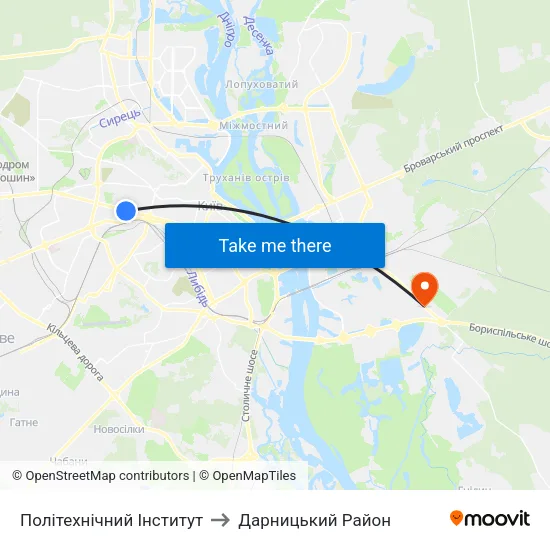 Політехнічний Інститут to Дарницький Район map