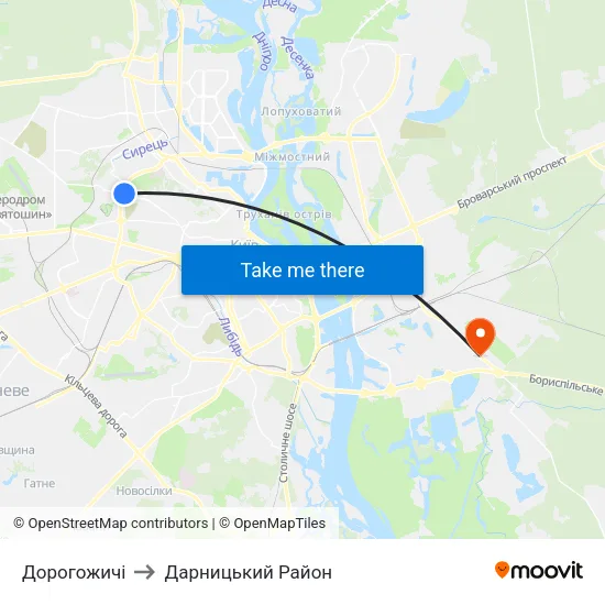 Дорогожичі to Дарницький Район map