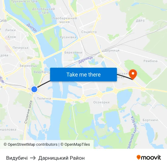 Видубичі to Дарницький Район map