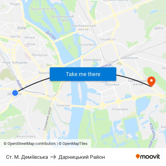 Ст. М. Деміївська to Дарницький Район map