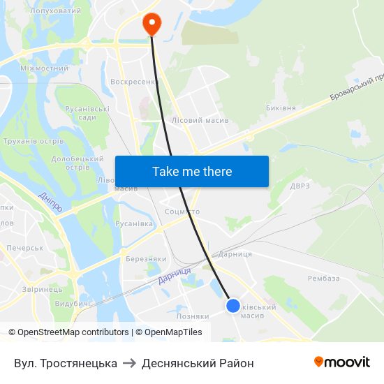 Вул. Тростянецька to Деснянський Район map