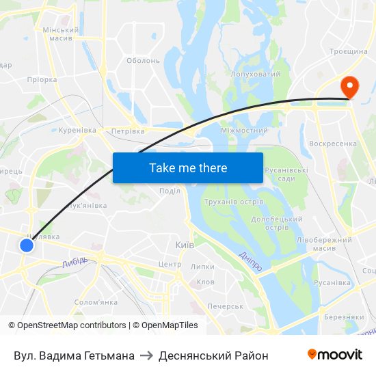 Вул. Вадима Гетьмана to Деснянський Район map