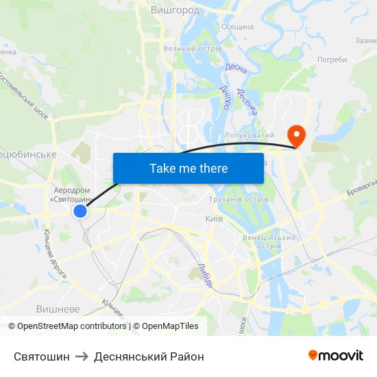 Святошин to Деснянський Район map