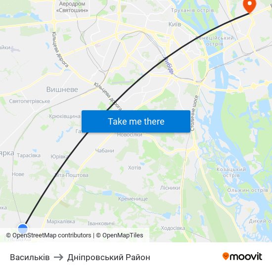 Васильків to Дніпровський Район map