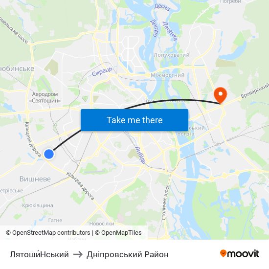 Лятоши́Нський to Дніпровський Район map