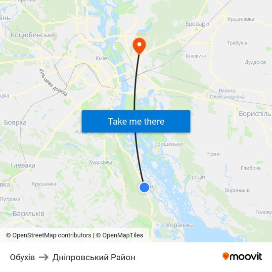 Обухів to Дніпровський Район map