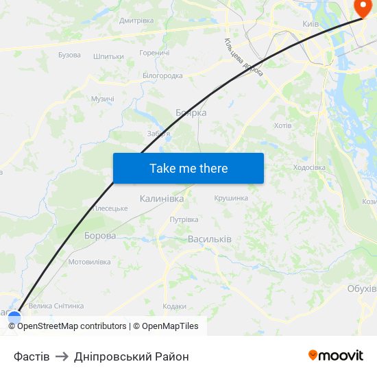 Фастів to Дніпровський Район map