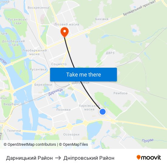 Дарницький Район to Дніпровський Район map