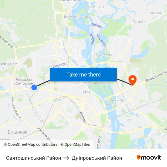 Святошинський Район to Дніпровський Район map
