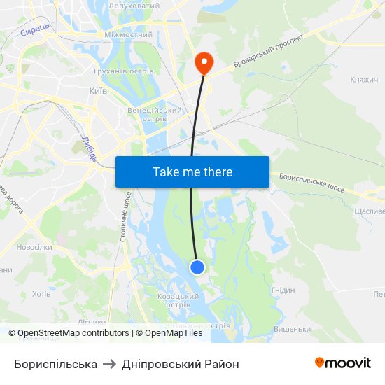 Бориспiльська to Дніпровський Район map