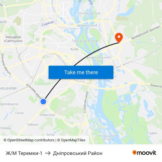 Ж/М Теремки-1 to Дніпровський Район map