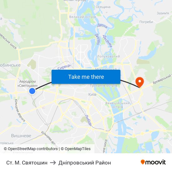 Ст. М. Святошин to Дніпровський Район map