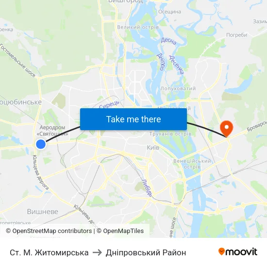 Ст. М. Житомирська to Дніпровський Район map