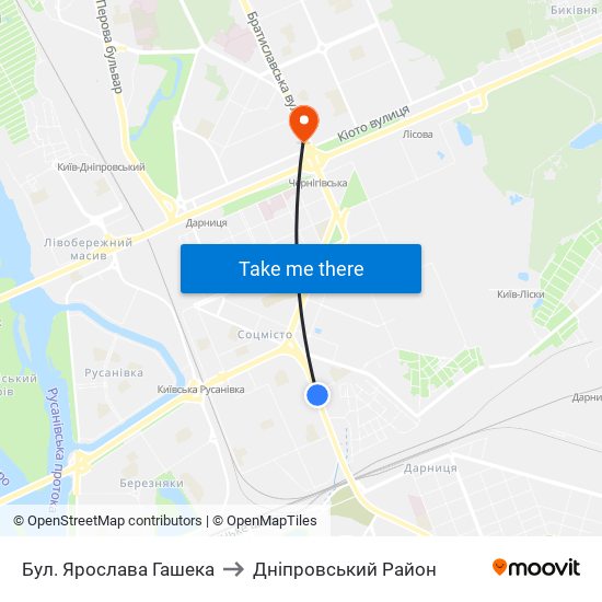 Бул. Ярослава Гашека to Дніпровський Район map