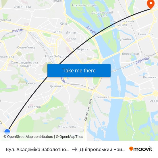 Вул. Академіка Заболотного to Дніпровський Район map