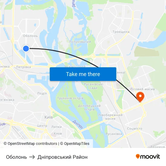 Оболонь to Дніпровський Район map