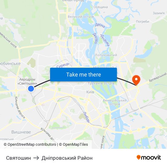 Святошин to Дніпровський Район map