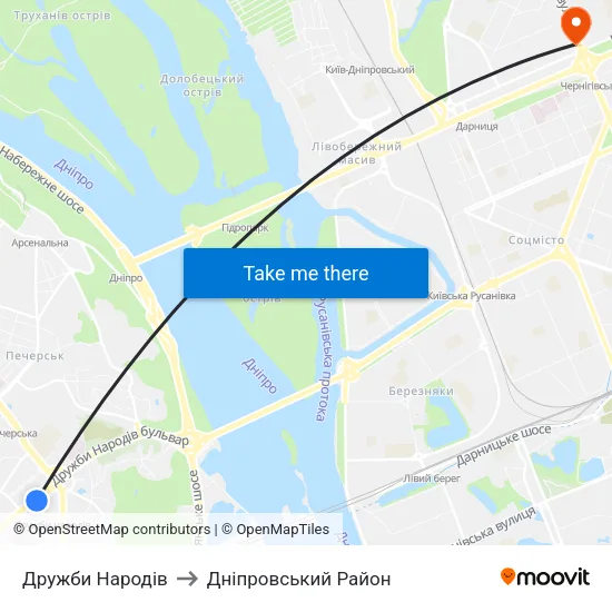 Дружби Народів to Дніпровський Район map
